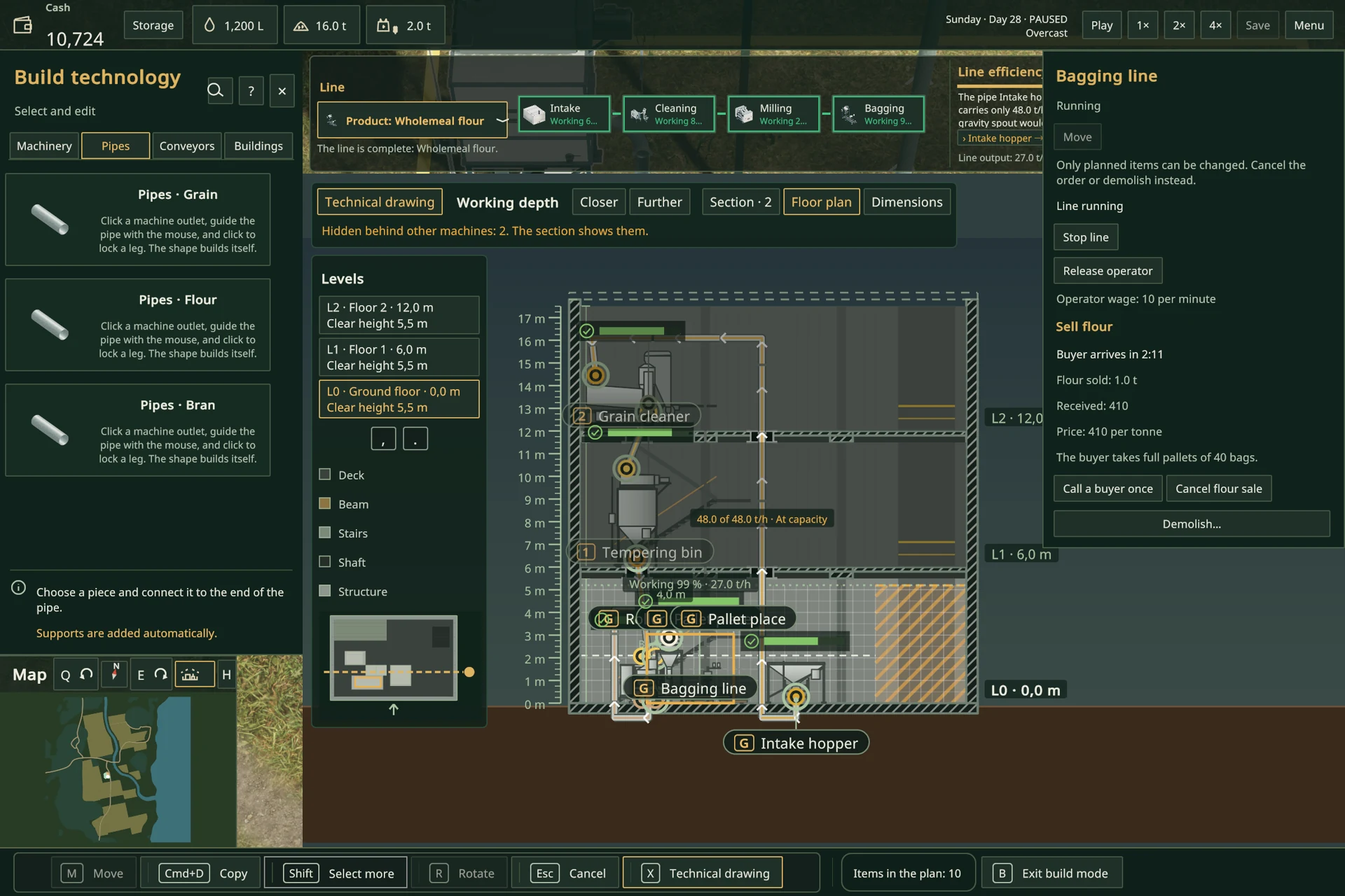 The operating mill across three floors in the game's technical drawing view.