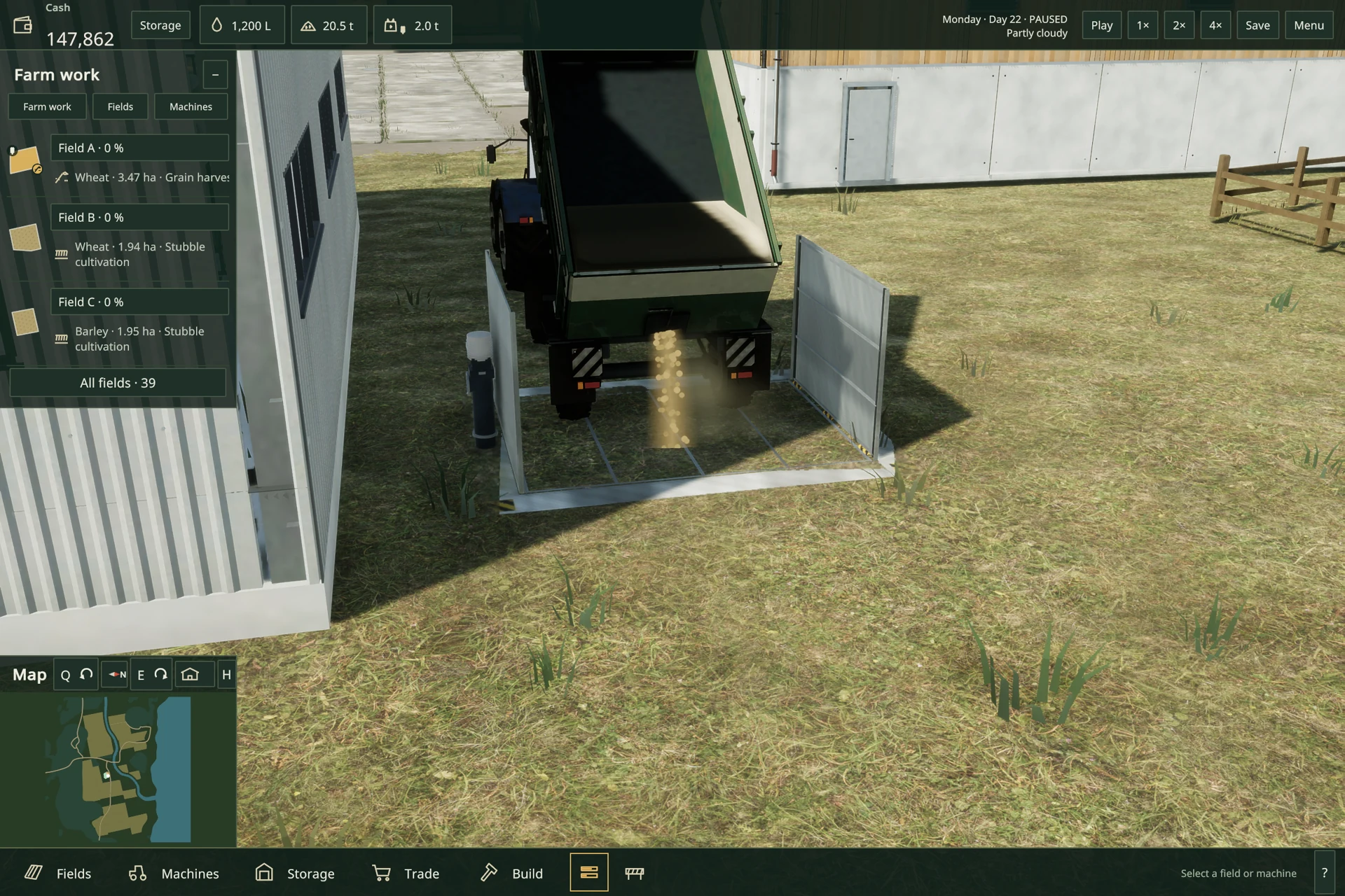 A tipped grain trailer unloads a visible stream of grain at the mill's outdoor intake pit.